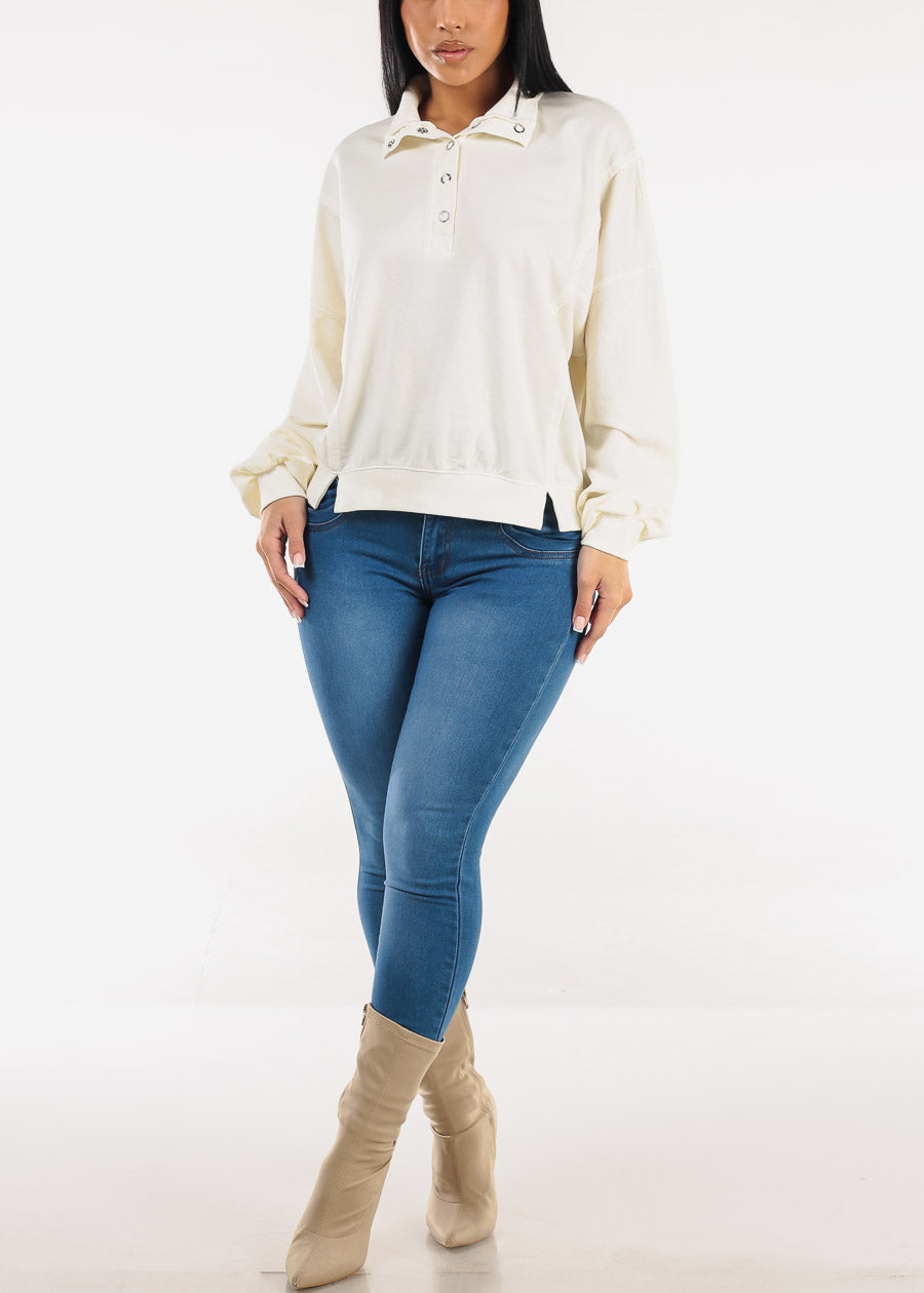 Long Sleeve Half Button Up Pullover Ivory