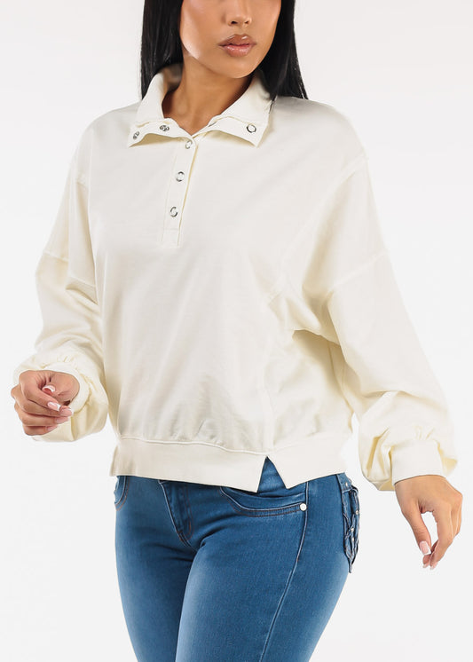 Long Sleeve Half Button Up Pullover Ivory