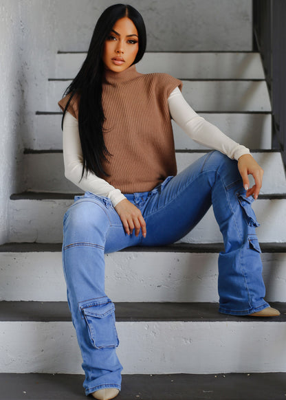 Long Sleeve Half Button Up Stretch Ribbed Top Ivory