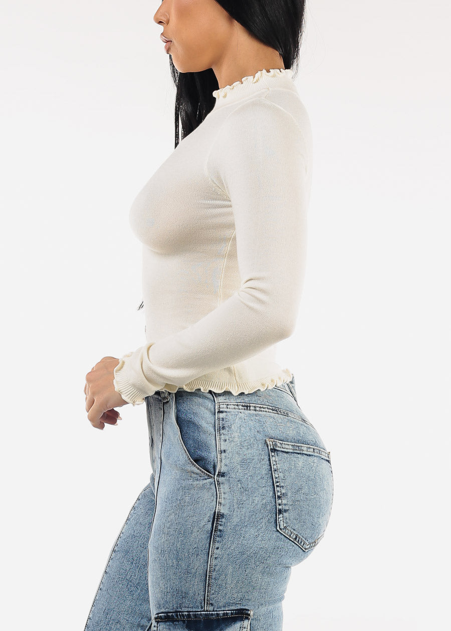 Long Sleeve Mock Neck Stretch Sweater Top Cream