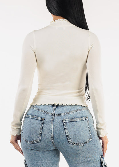 Long Sleeve Mock Neck Stretch Sweater Top Cream