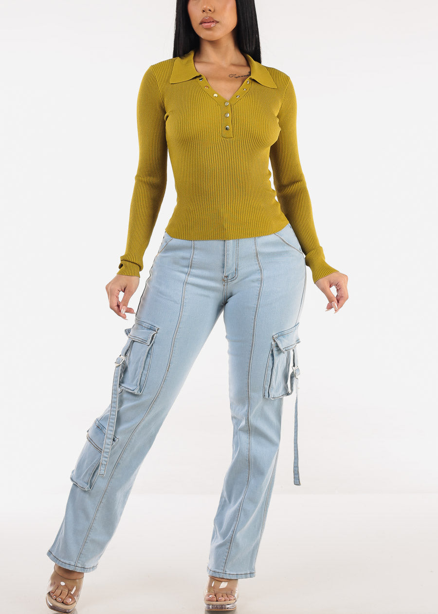 Long Sleeve Collared Rib Knit Sweater Top Kiwi Olive
