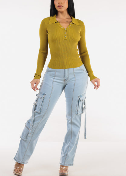 Long Sleeve Collared Rib Knit Sweater Top Kiwi Olive