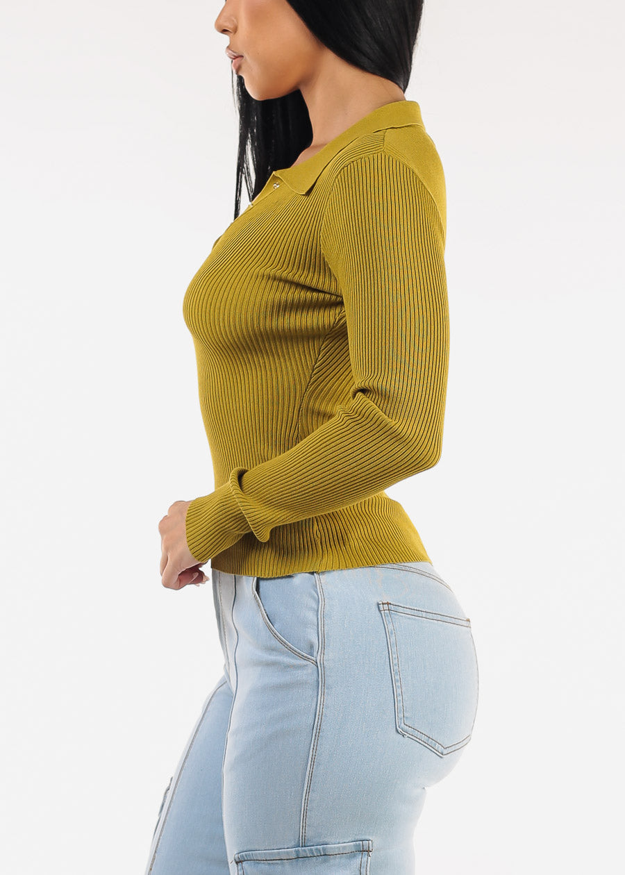 Long Sleeve Collared Rib Knit Sweater Top Kiwi Olive
