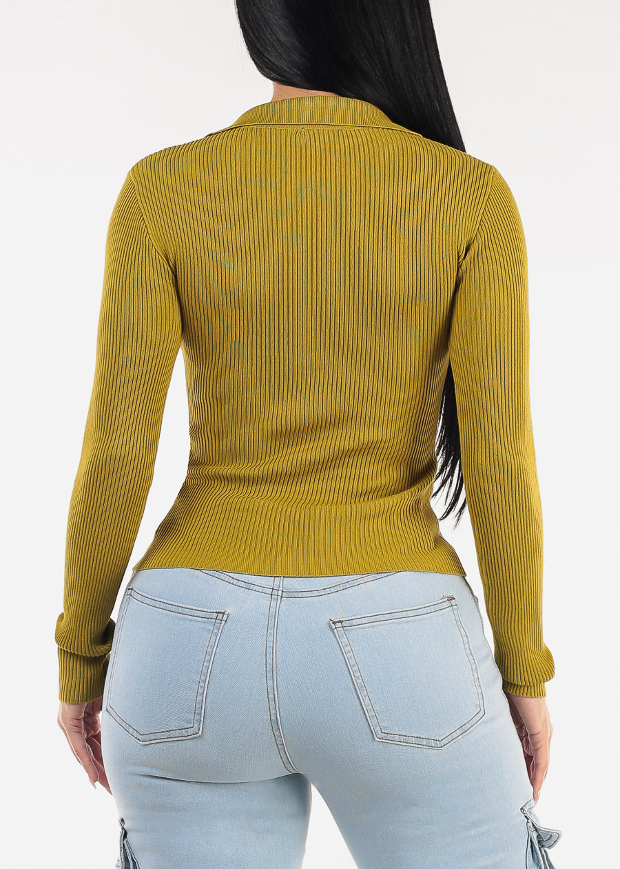 Long Sleeve Collared Rib Knit Sweater Top Kiwi Olive