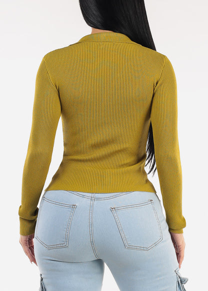 Long Sleeve Collared Rib Knit Sweater Top Kiwi Olive