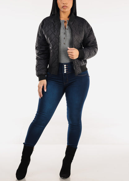 Long Sleeve Half Button Up Stretch Ribbed Top Grey