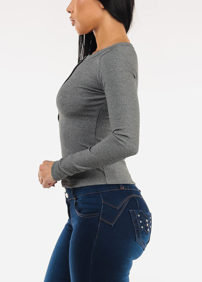 Long Sleeve Half Button Up Stretch Ribbed Top Grey