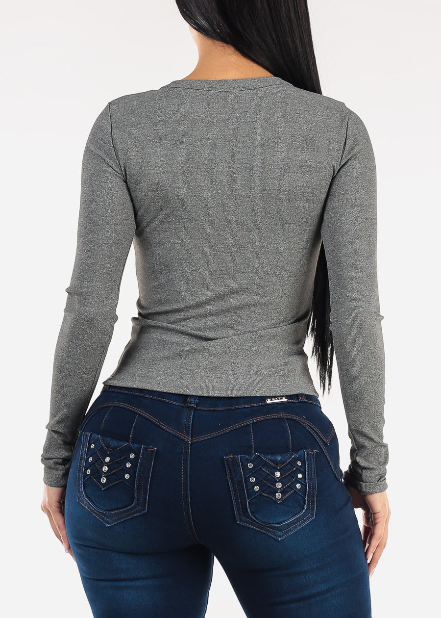 Long Sleeve Half Button Up Stretch Ribbed Top Grey