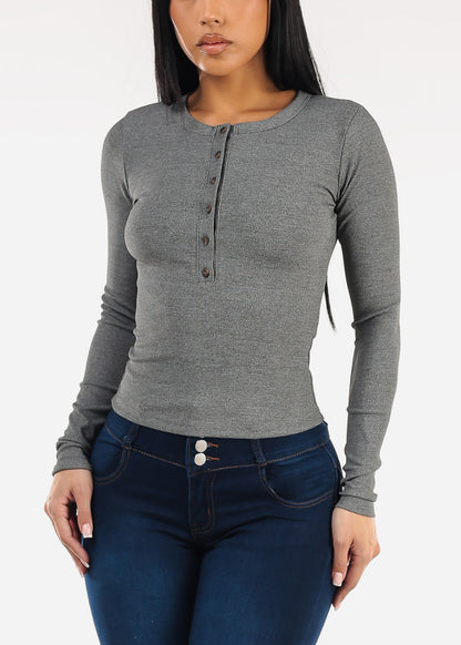 Long Sleeve Half Button Up Stretch Ribbed Top Grey