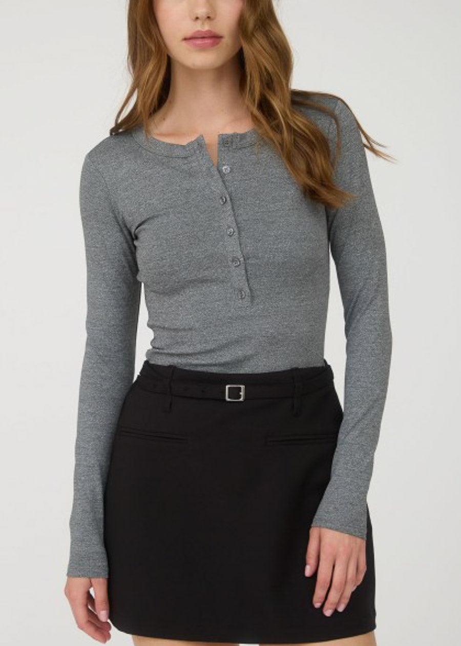 Long Sleeve Half Button Up Stretch Ribbed Top Grey