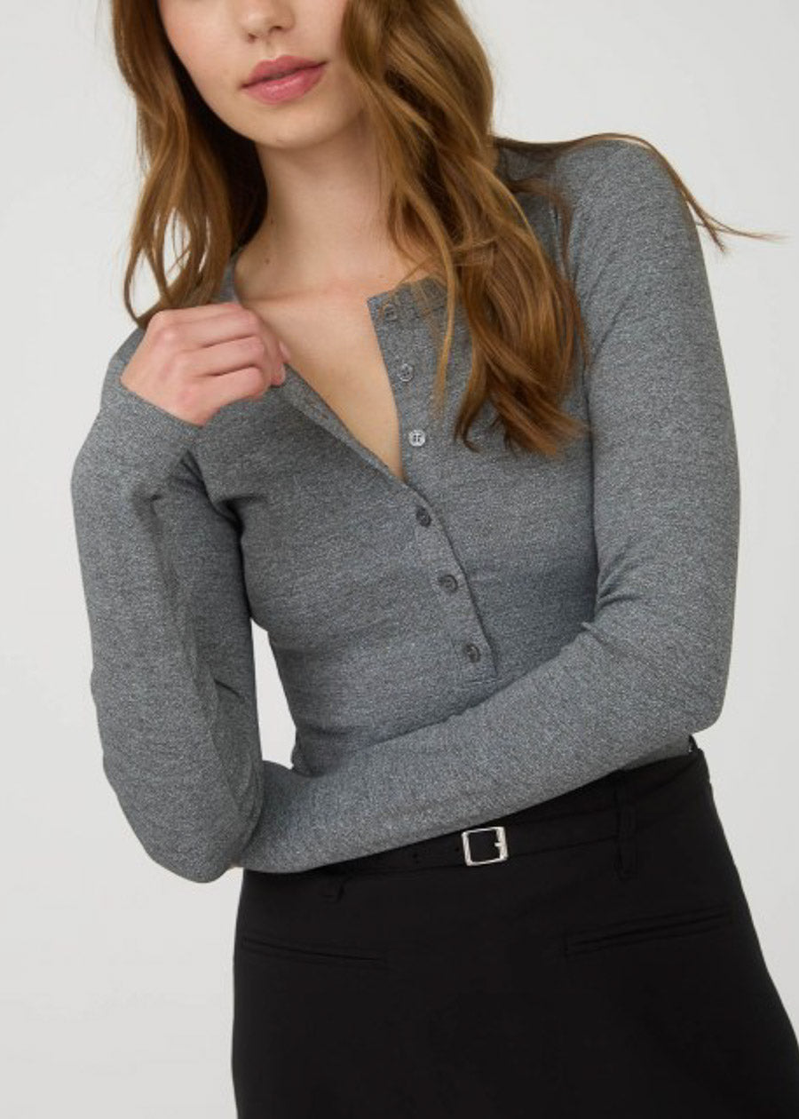 Long Sleeve Half Button Up Stretch Ribbed Top Grey