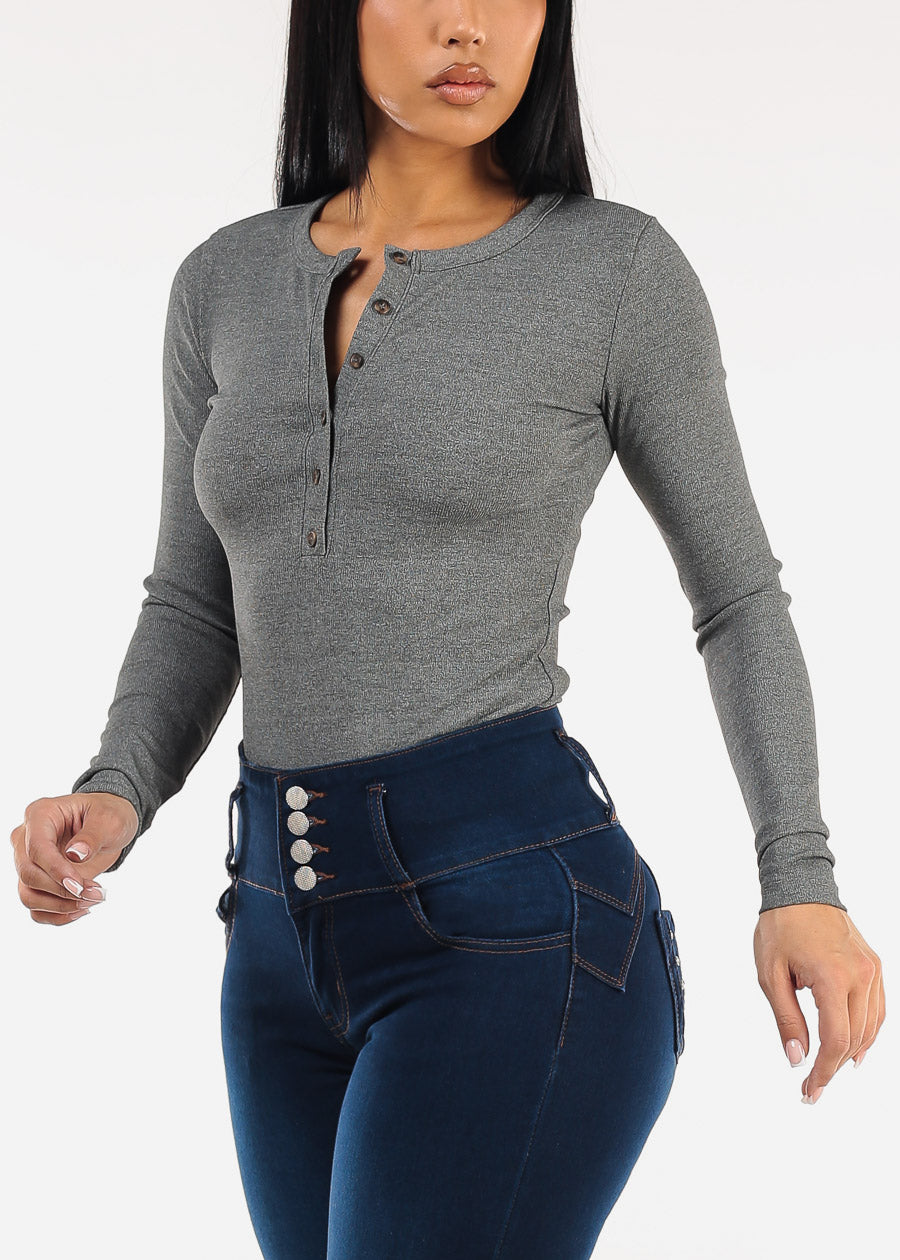 Long Sleeve Half Button Up Stretch Ribbed Top Grey