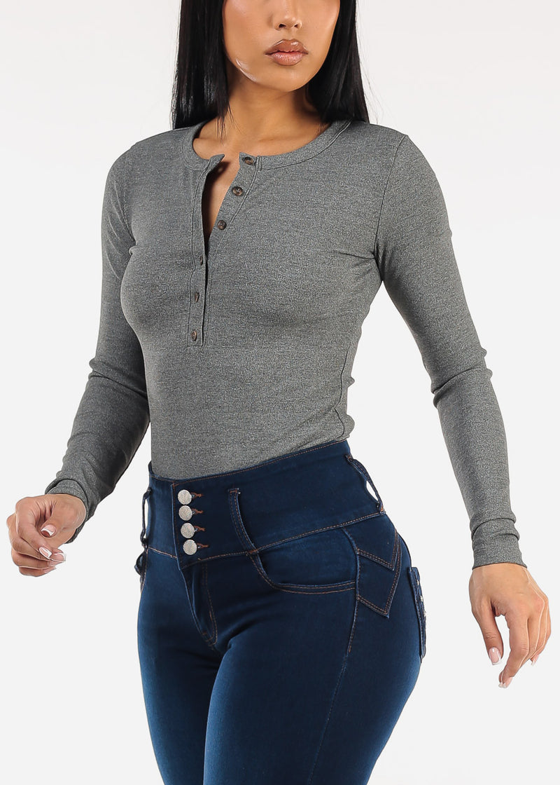 Long Sleeve Half Button Up Stretch Ribbed Top Grey