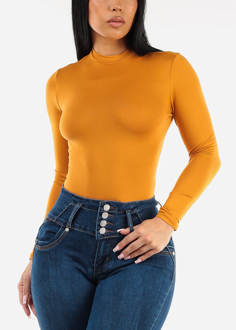 Long Sleeve Mock Neck Thong Bodysuit Mustard