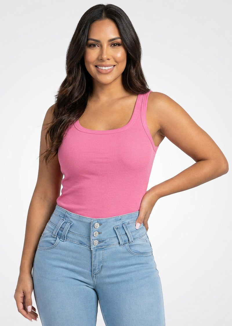 Sleeveless Scoop Neck Ribbed Stretch Tank Top Pink