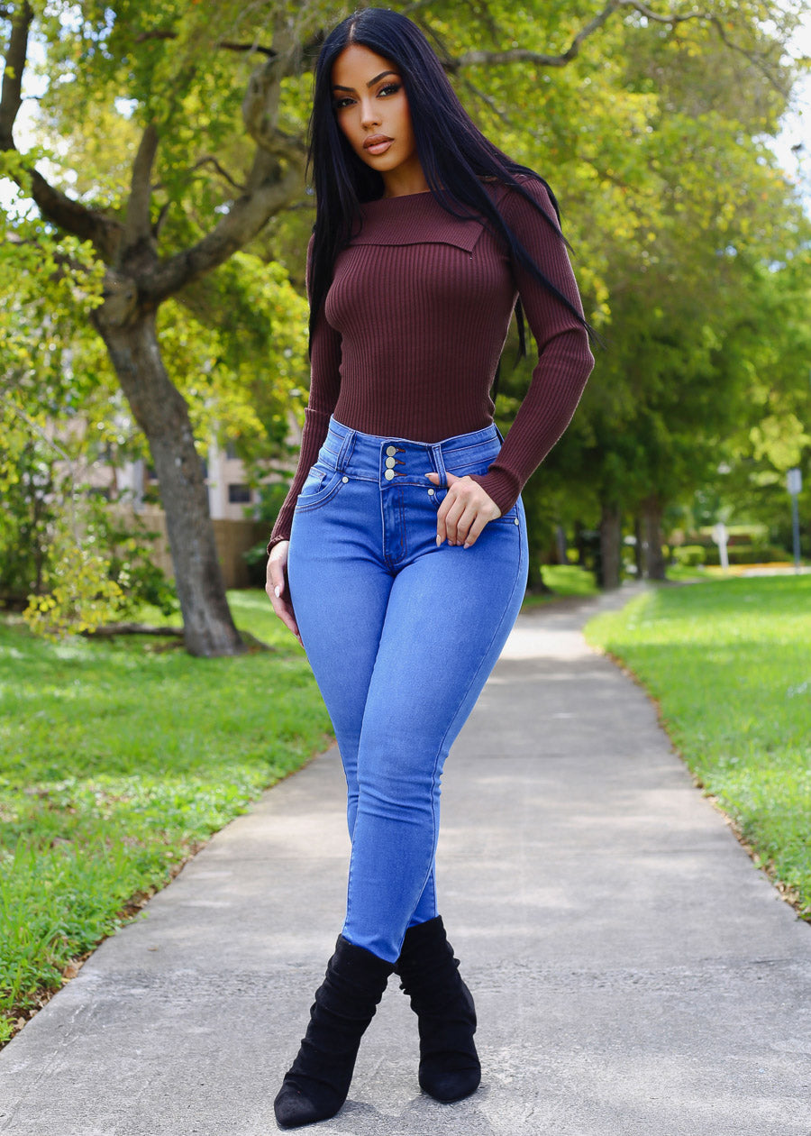 Asymmetrical Neckline Long Sleeve Stretch Sweater Brown