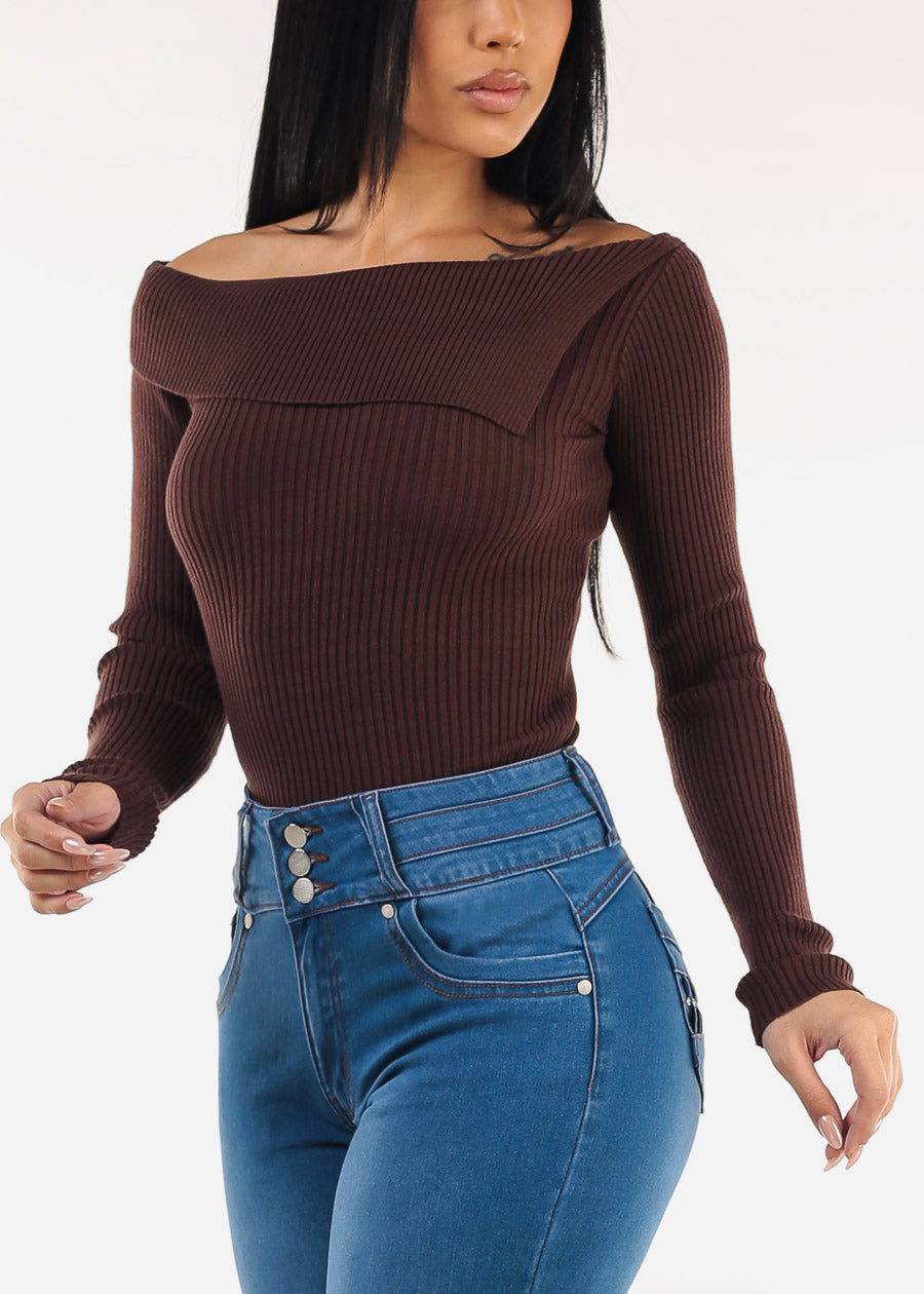 Asymmetrical Neckline Long Sleeve Stretch Sweater Brown