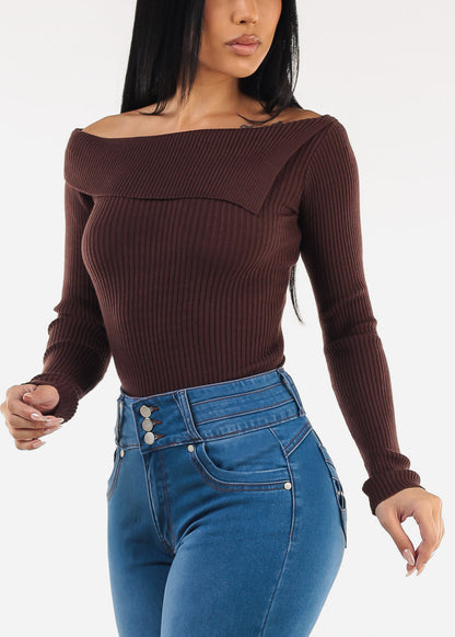 Asymmetrical Neckline Long Sleeve Stretch Sweater Brown