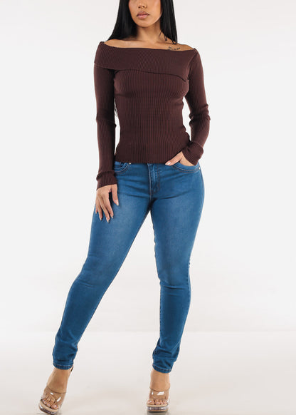 Asymmetrical Neckline Long Sleeve Stretch Sweater Brown
