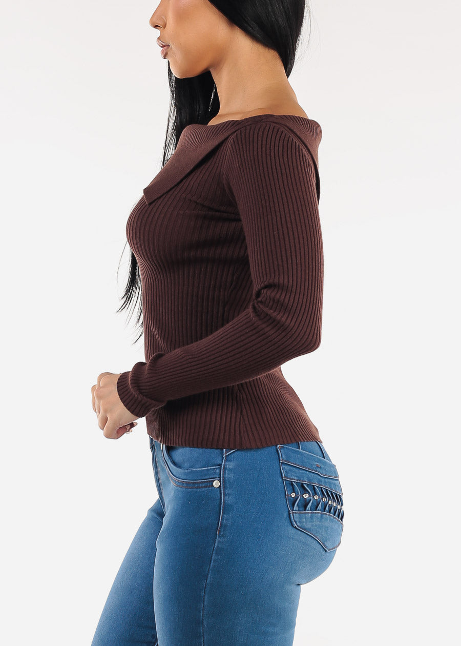 Asymmetrical Neckline Long Sleeve Stretch Sweater Brown