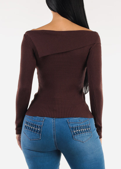Asymmetrical Neckline Long Sleeve Stretch Sweater Brown