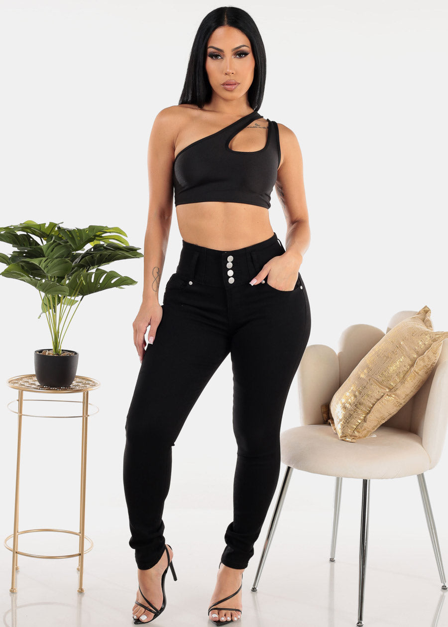 One Shoulder Cut Out Black Crop Top