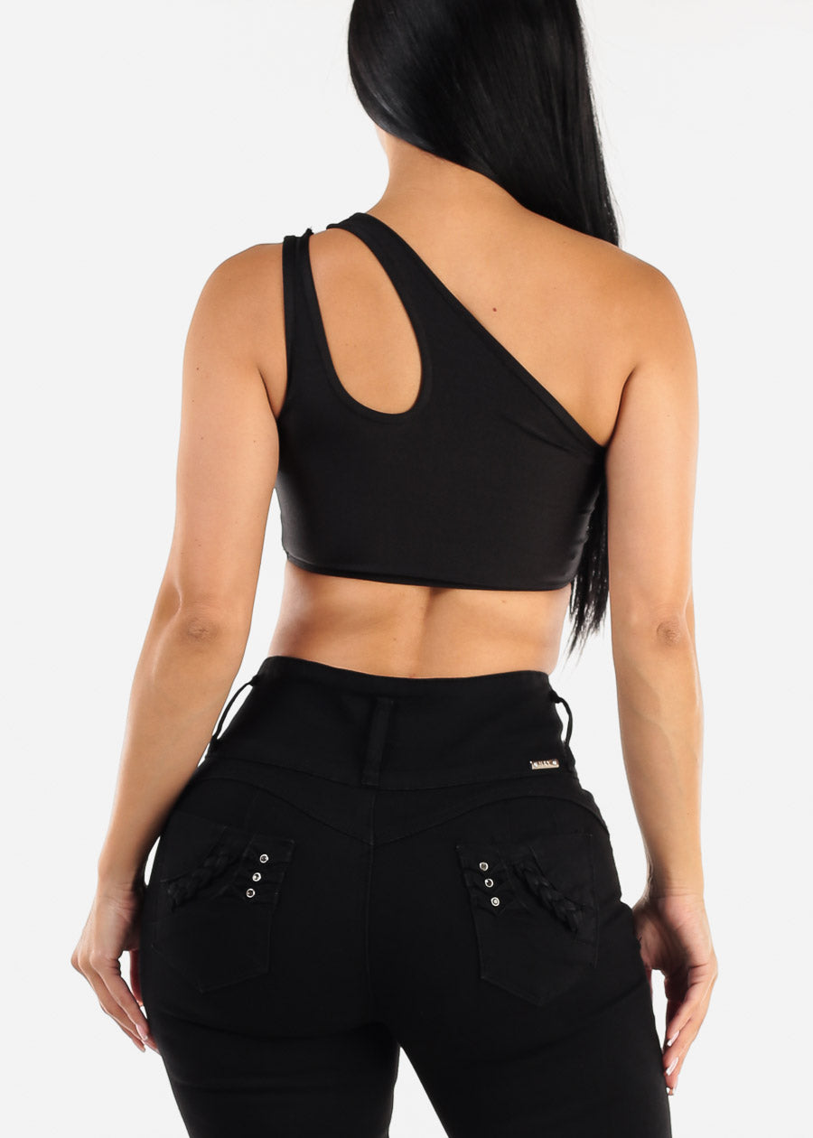 One Shoulder Cut Out Black Crop Top