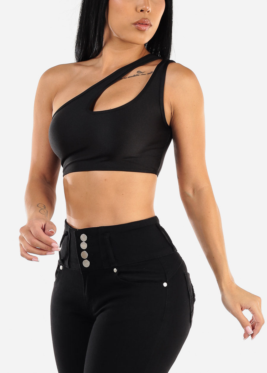 One Shoulder Cut Out Black Crop Top