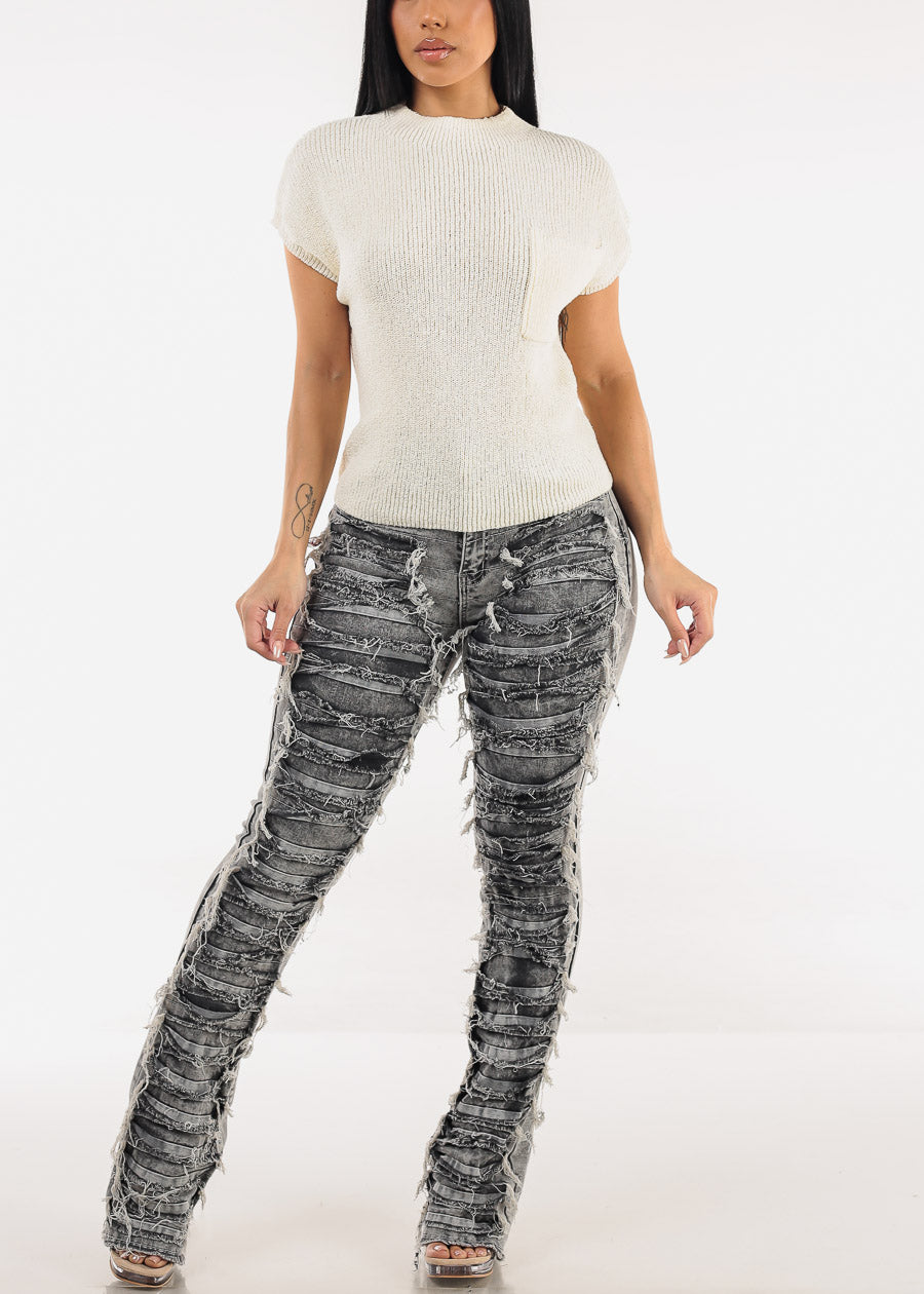 Mock Neck Short Sleeve Sweater Ivory