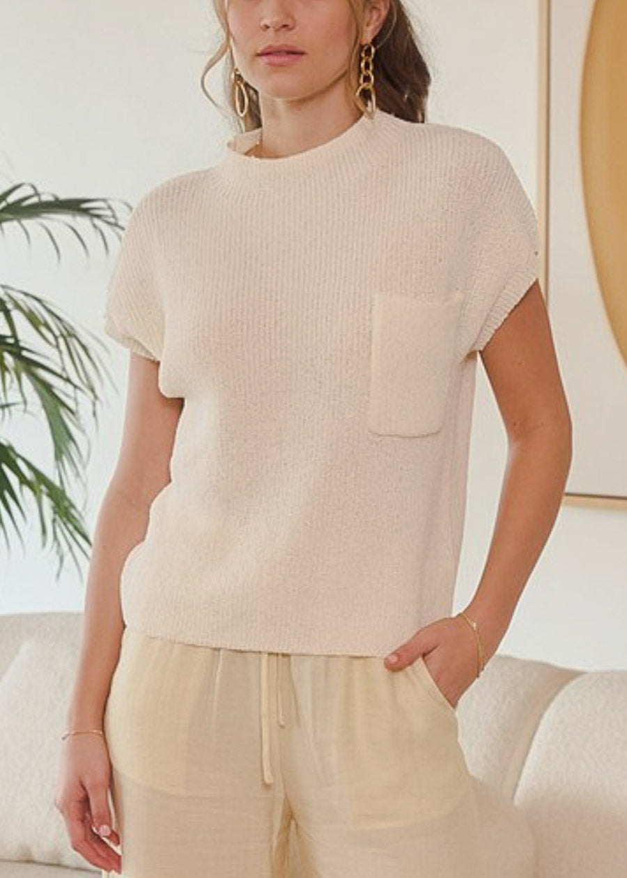 Mock Neck Short Sleeve Sweater Ivory