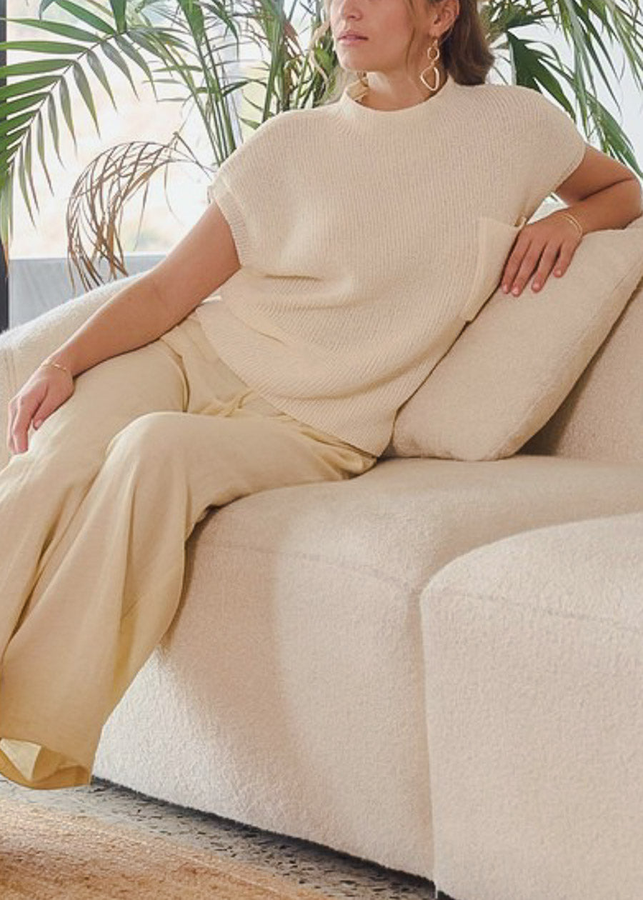 Mock Neck Short Sleeve Sweater Ivory