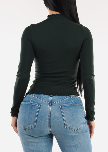 Long Sleeve Mock Neck Stretch Sweater Top Hunter Green