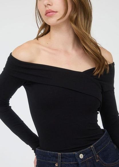 Off Shoulder Long Sleeve Stretch Top Black
