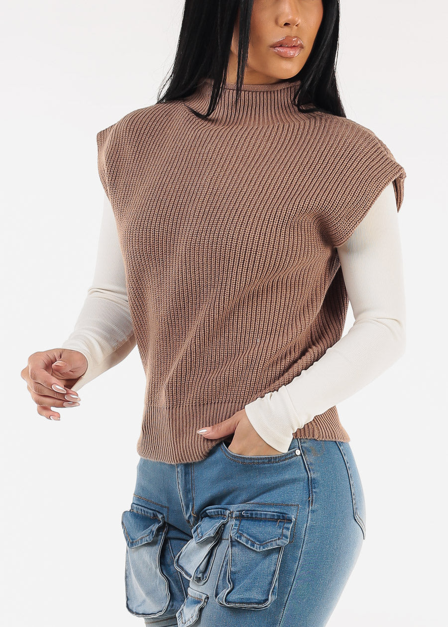 Sleeveless Mock Neck Knitted Sweater Brown