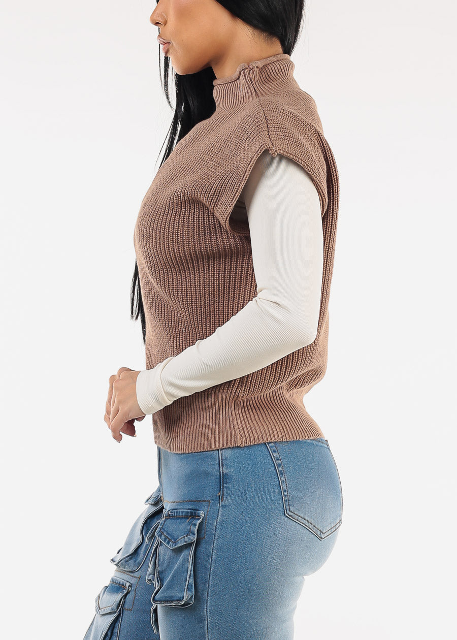 Sleeveless Mock Neck Knitted Sweater Brown