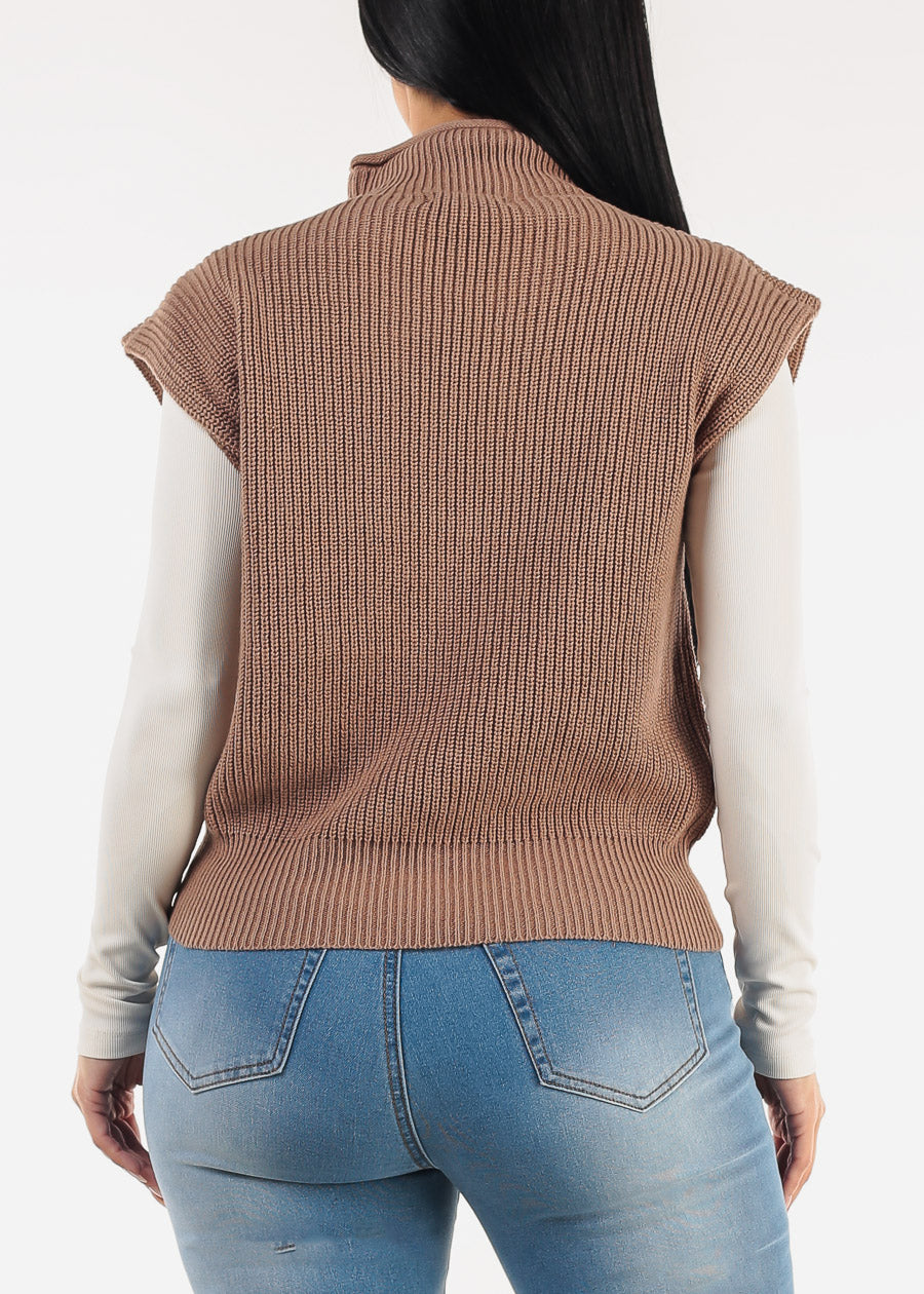 Sleeveless Mock Neck Knitted Sweater Brown