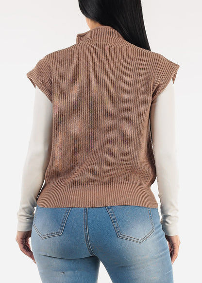 Sleeveless Mock Neck Knitted Sweater Brown