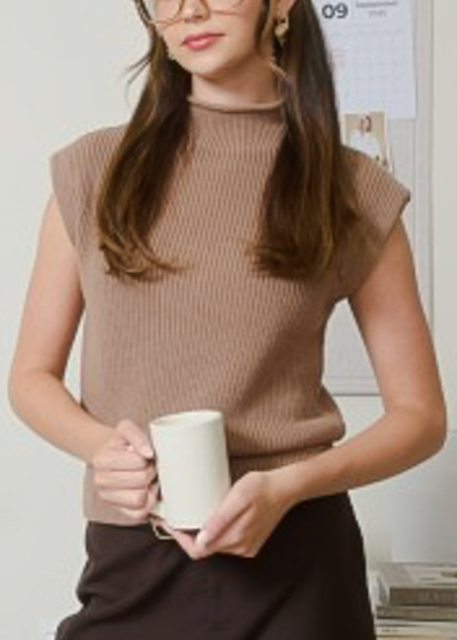 Sleeveless Mock Neck Knitted Sweater Brown