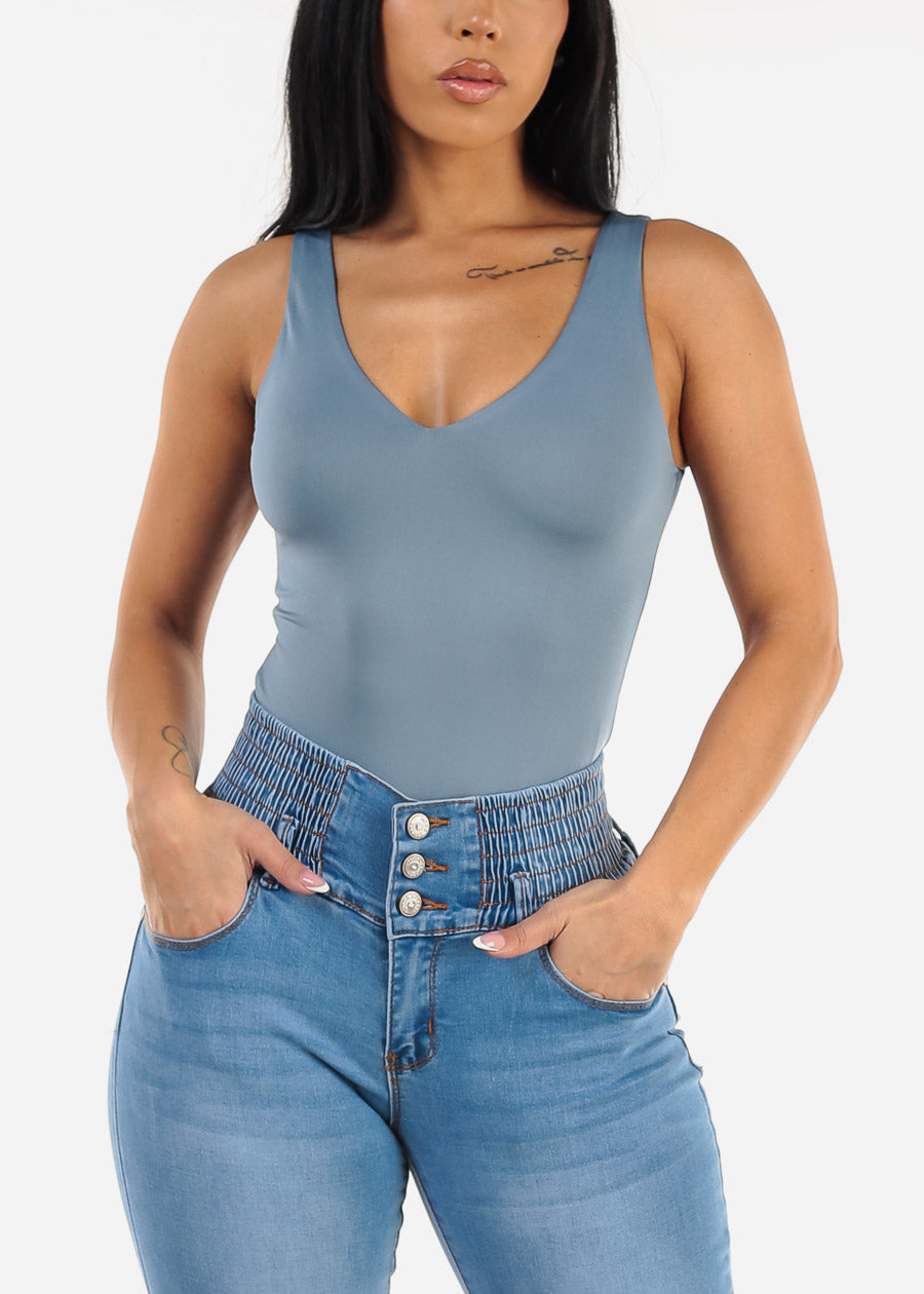 Seamless Vneck Sleeveless Thong Bodysuit Dusty Blue