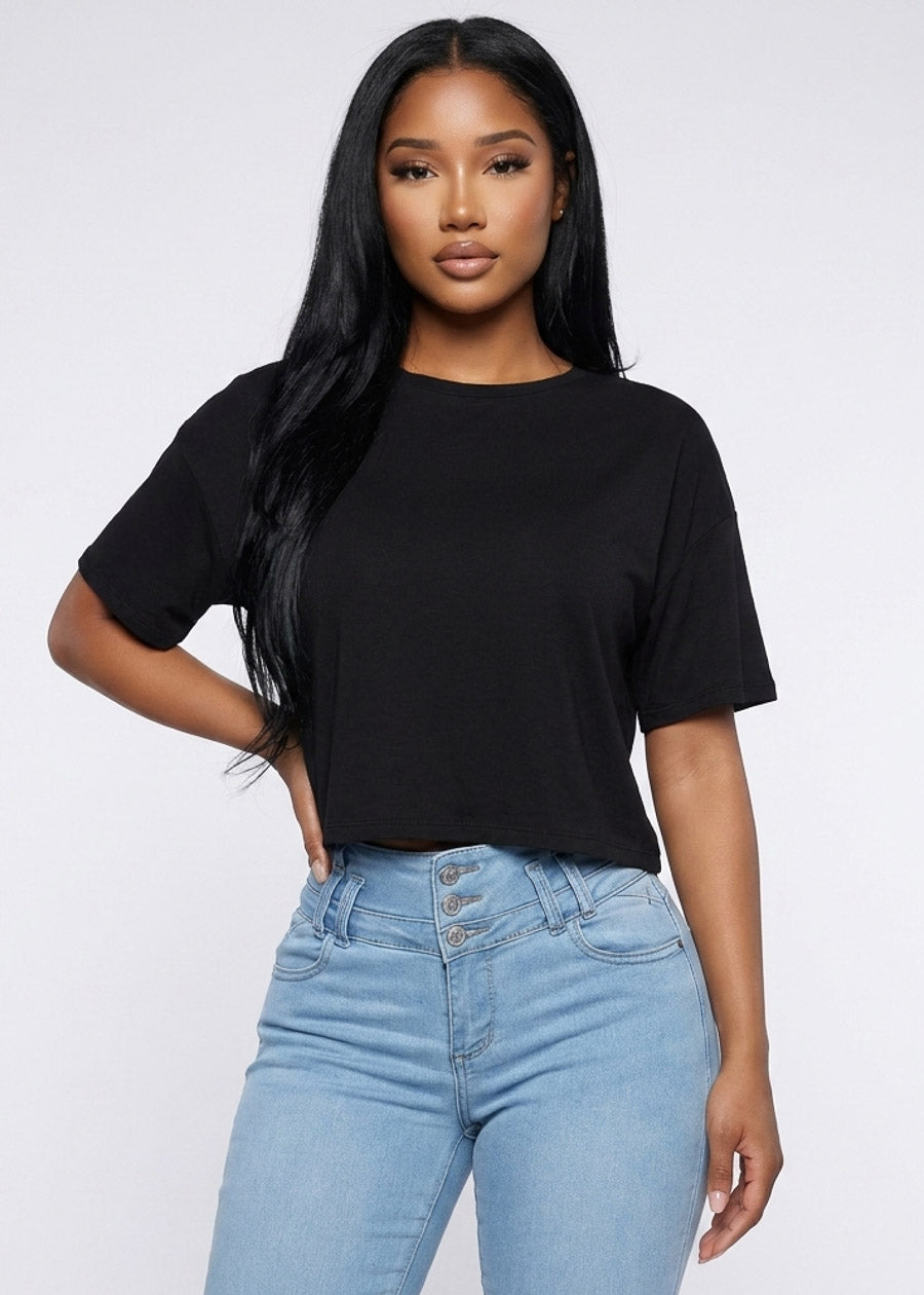 Short Sleeve Round Neck Stretch Oversized Top Black