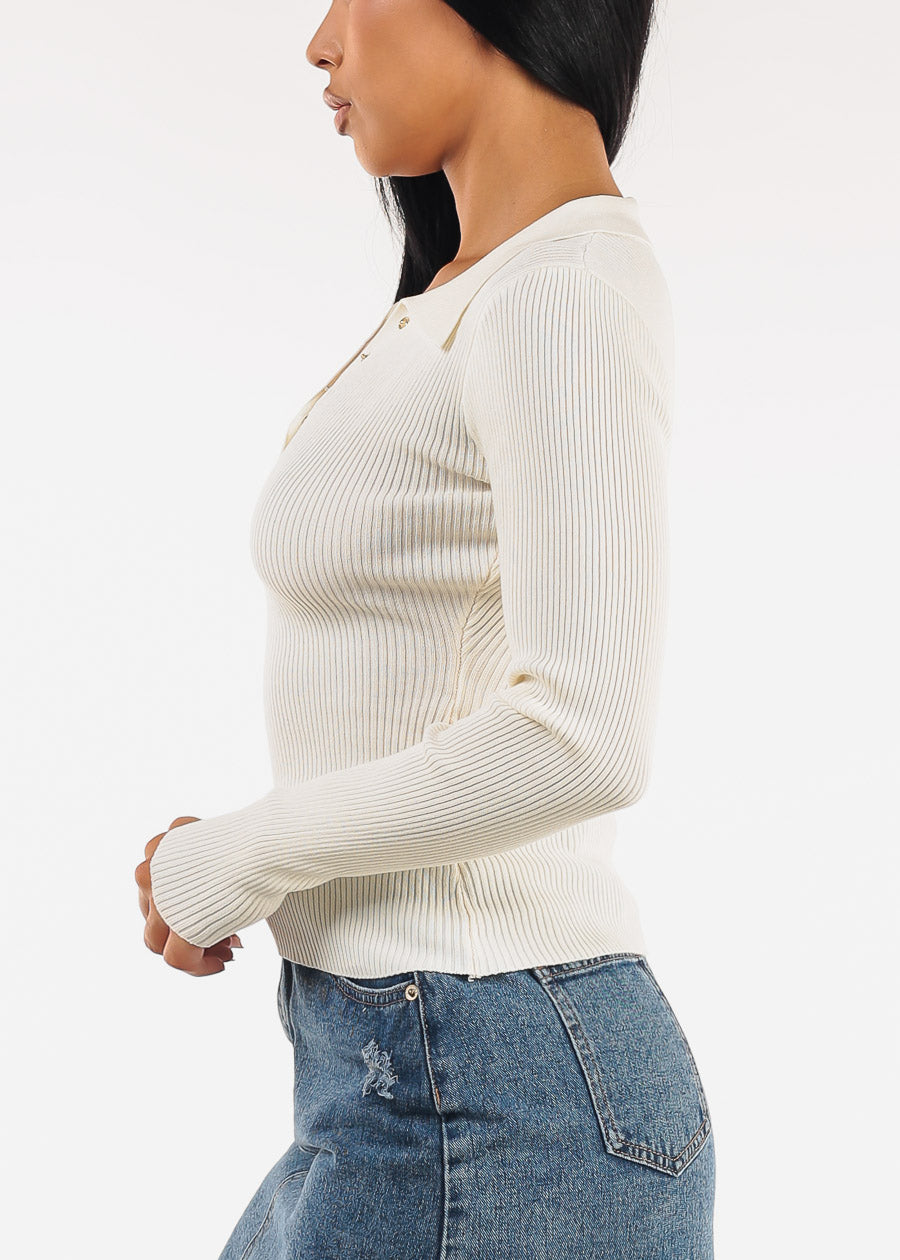 Long Sleeve Collared Rib Knit Sweater Top Cream