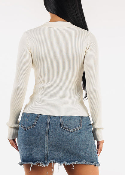 Long Sleeve Collared Rib Knit Sweater Top Cream