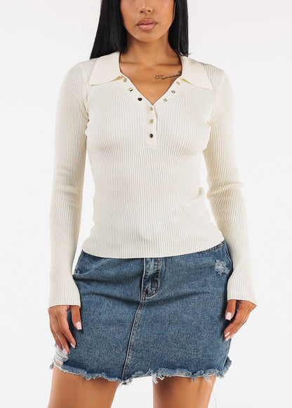 Long Sleeve Collared Rib Knit Sweater Top Cream