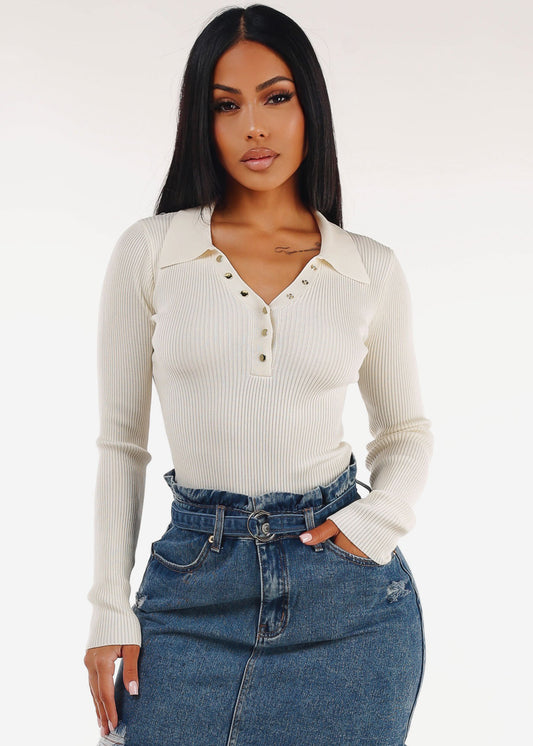 Long Sleeve Collared Rib Knit Sweater Top Cream