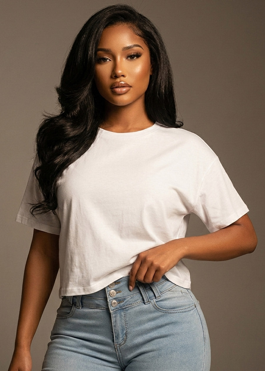 Short Sleeve Round Neck Stretch Oversized Top White