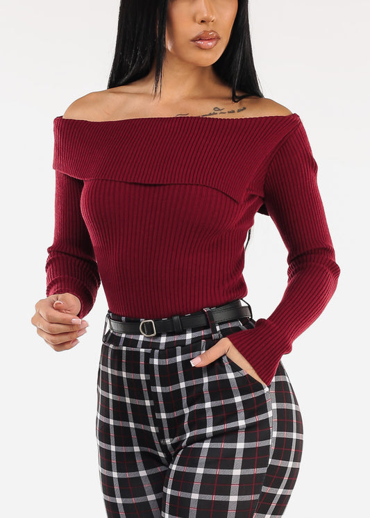 Asymmetrical Neckline Long Sleeve Stretch Sweater Wine