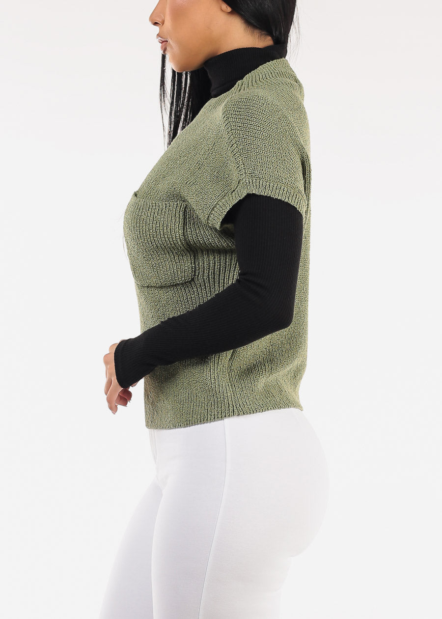 Mock Neck Short Sleeve Sweater Olive