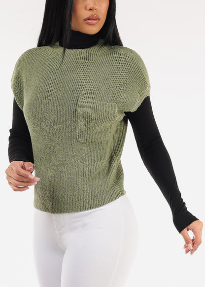 Mock Neck Short Sleeve Sweater Olive