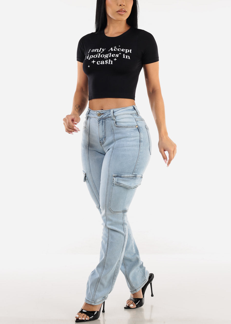 Short Sleeve Black Graphic Crop Top "Cash"